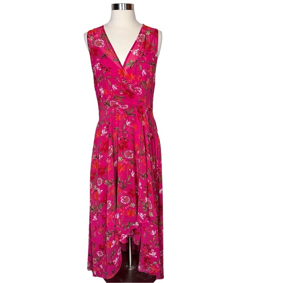 Calvin Klein Floral Pink High Low Summer Flowy Lined Sleeveless VNeck Dress 12 - Picture 2 of 12
